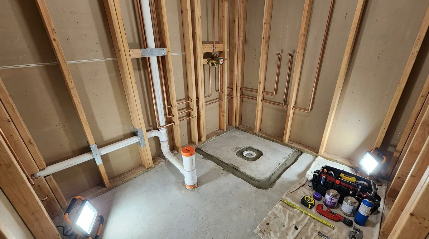 Bathroom rough-in plumbing during remodel by Johns Plumbing LLC in Justice