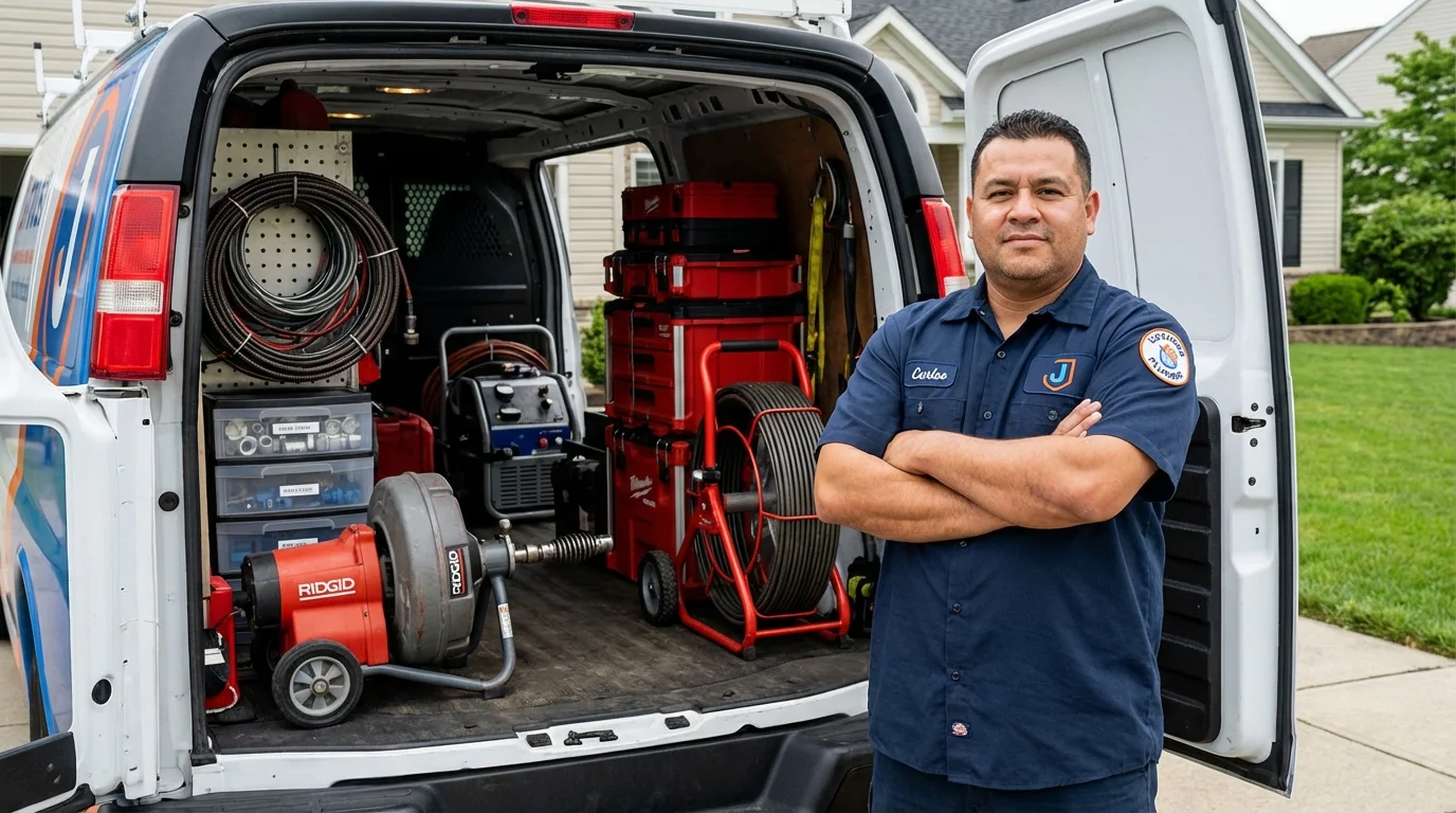 Professional drain cleaning equipment and Johns Plumbing LLC plumber in Justice