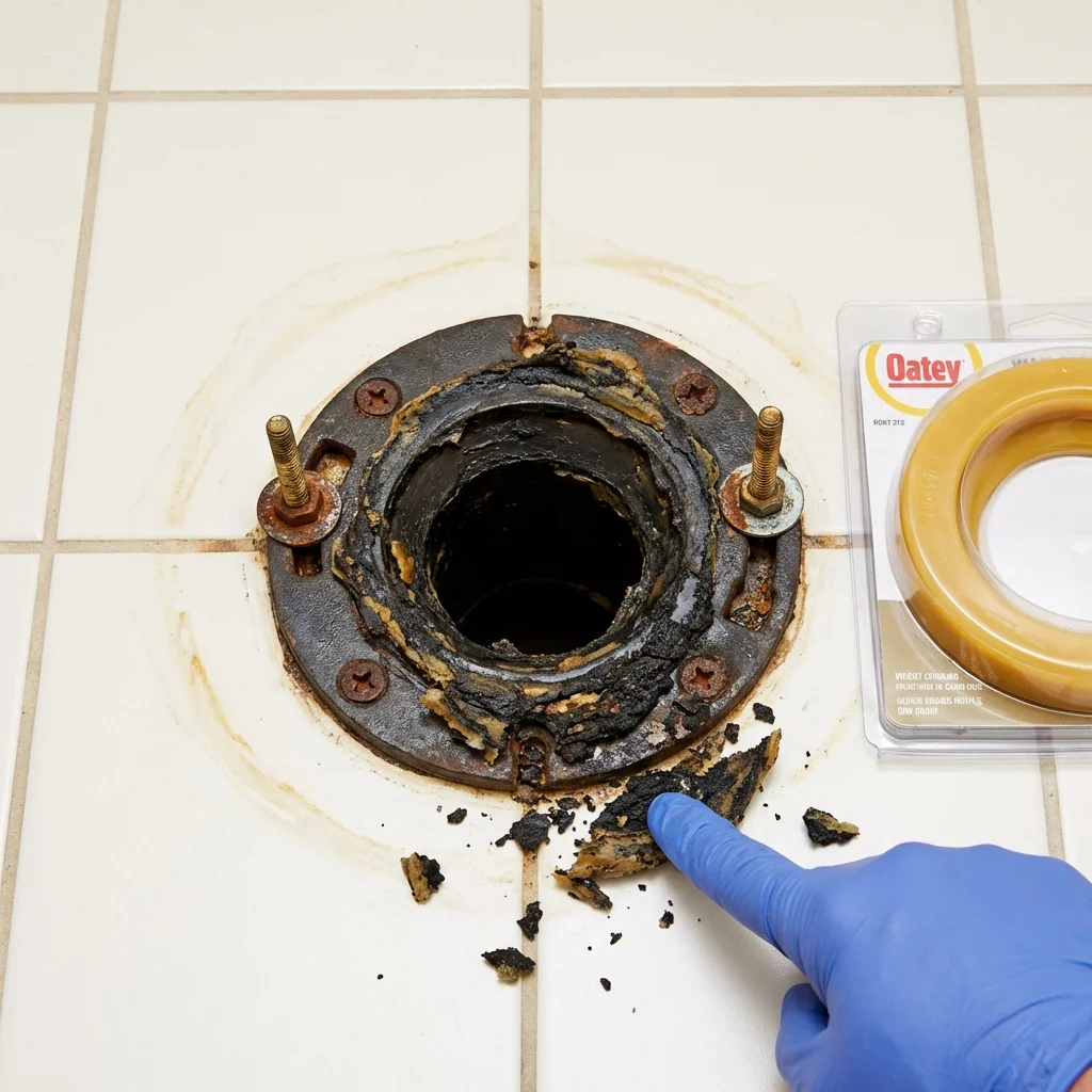 Failed wax ring showing water seepage at the base of a toilet in a Justice, IL home