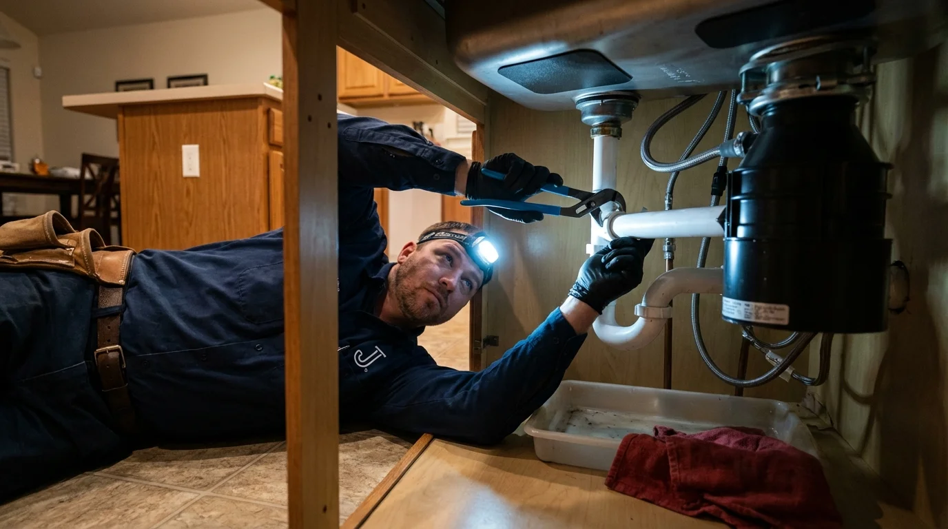 P-trap and supply line connections under a kitchen sink showing a common leak point in Justice, IL